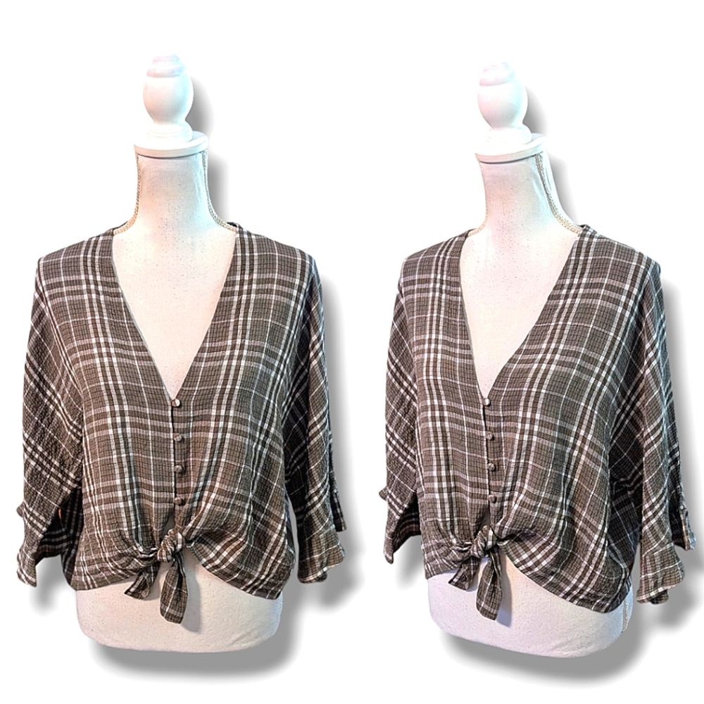 Boho Flutter Sleeve Plaid Button Front Blouse Top… - image 2